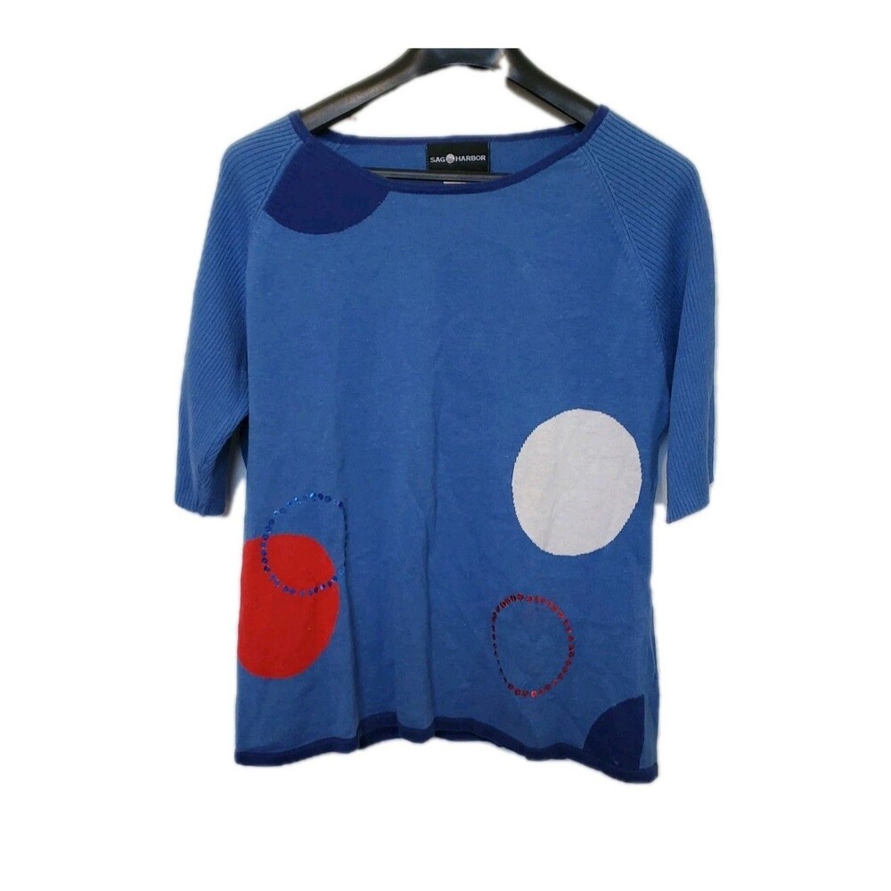 Vintage Sag Harbor Half Sleeve Sweater Blue Abstract Circle Print Size XL